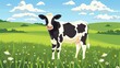 Illustration of a cow standing on a green field, depicting a rural scene.