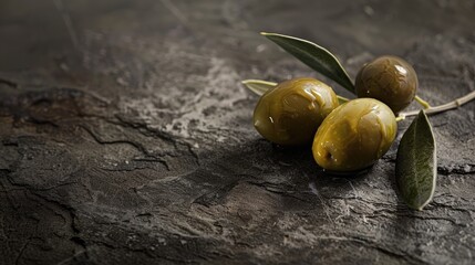 Wall Mural - Green olives with leaves on a dark stone background.