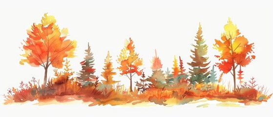 A small watercolor of a vibrant autumn forest, simple clipart isolated white background