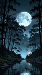 sure, here is a description for an image combining moon and trees at night: dark night landscape wit