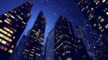 Nighttime Scene Of Skyscrapers Towering Over The Cityscape, Rendered In A Detailed 3D Illustration.