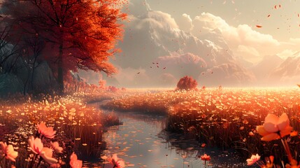 Wall Mural - A beautiful autumn landscape with a river running through a field of flowers