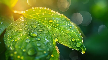 Close Up of Dewdrops on a Leaf, Highlighting the beauty and delicate details of nature