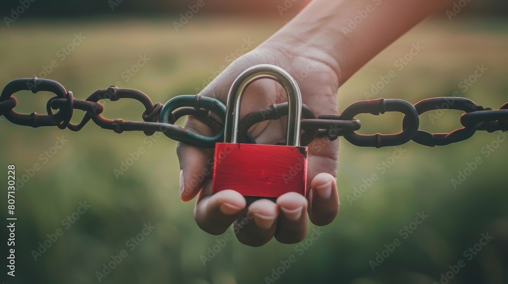 There is a red padlock on a chain linking human hands, representing ...