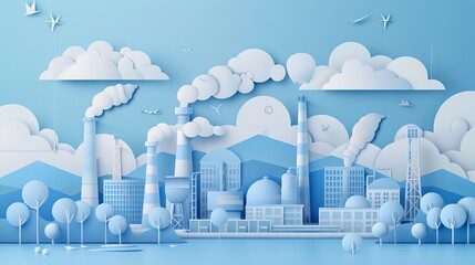 Wall Mural - Vector paper cut illustration depicting an industrial plant concept, featuring industrial and factory buildings with a smoke stack background in a paper art style.