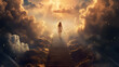 A silhouette of a person walking up stairs towards a bright light amidst clouds, invoking a heavenly or spiritual journey