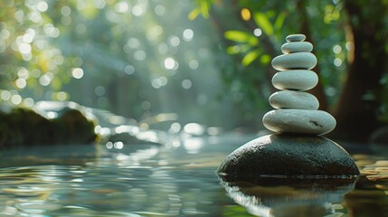 Serene Zen stones balanced in tranquil water with bokeh light for peaceful meditation and relaxation