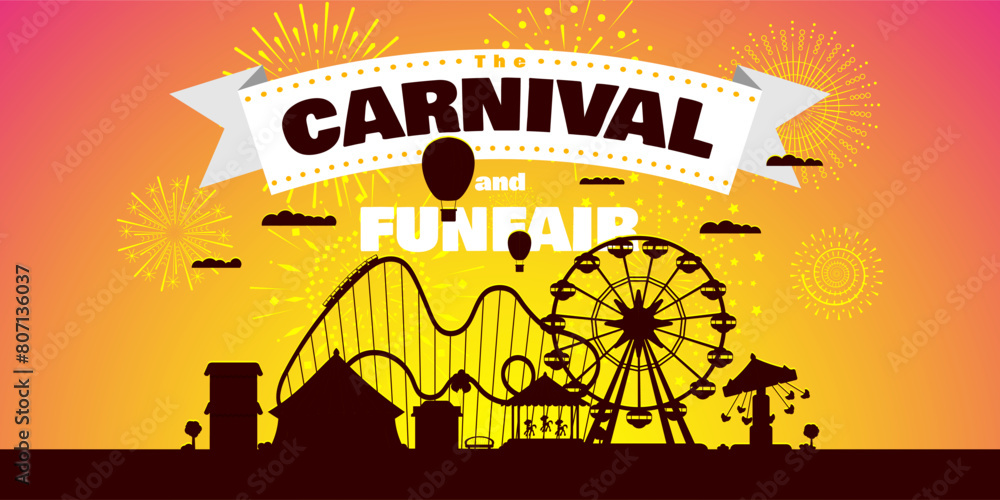 carnival-funfair-with-fireworks-rays-amusement-park-carousels-roller