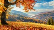 Autumn rural landscape with forest trees orange leaves, mountains and fields scenery. Generated AI