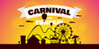 Carnival funfair with fireworks rays. Amusement park carousels, roller coaster and attractions on sunset. Fun fair and festive theme landscape. Ferris wheel and merry-go-round fest horizontal banner