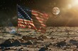 US flag waving on the moon, no atmosphere, vehicle in landscape
