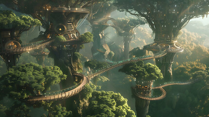 Wall Mural - A city nestled within the branches of a colossal tree, with walkways and platforms winding through its canopy