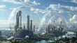 A cityscape dominated by colossal domes protecting inhabitants from extreme weather conditions