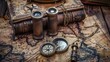 Retro vintage antique bronze old compass and telescopes on ancient world map. Generated AI