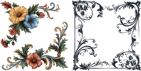 Wall Mural - Floral border corners. Vector ornamental calligraphic corner elements