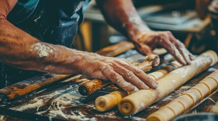 Closeup male hands rolling the dough for baking homemade of traditional pastry. Generated AI image