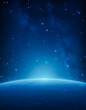 © Dalew - Close up view of a planet with space, stars, and galaxies in the background in the shades of blue. Space wallpaper, background, backdrop.