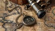Retro vintage antique bronze old compass and telescopes on ancient world map. Generated AI