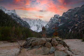 Wall Mural - Misurina, Tre Cime, Italy - Drei Zinnen or Tre Cime di Lavaredo with beautiful Misurina Lake, Sexten Dolomites or Dolomiti di Sesto, South Tirol, Italia