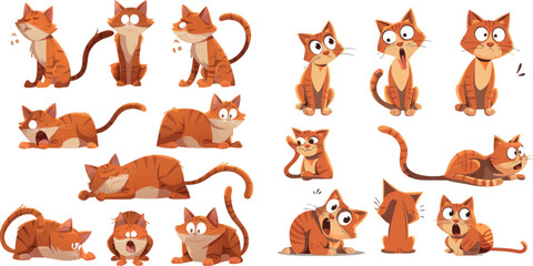 Leinwandbilder - Cat behavior. Feline poses, cartoon cats characters funny emotions, afraid orange kitten scared animal pet cautiously pose and body language