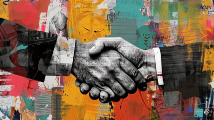 Art collage of two partners making a deal. Business concept.