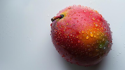 ripe mango on isolated background with drops of water on it