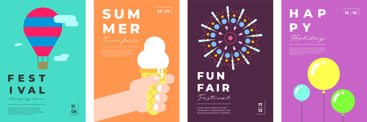 Amusement park festive minimal trendy poster set. Hot air balloon and fireworks on print. Ice cream on carnival funfair minimalistic creative design banner. Fun fair festival simple modern eps placard