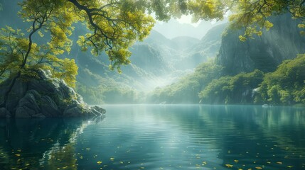 Wall Mural - A beautiful mountain landscape with a lake in the foreground. The water is calm and the trees are lush and green. The scene is peaceful and serene, with the sun shining through the trees