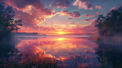 Wall Mural - A beautiful sunset over a lake with a reflection of the sun on the water. The sky is filled with clouds, creating a serene and peaceful atmosphere