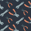 Instrumental seamless pattern with flat drawings of repairing tools. Dark theme. Sustainability and upgrade concept. Vector hand drawn elements isolated on dark background. Industrial concept