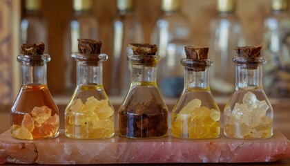 Poster - Panoramic banner displaying five aromatherapy essential oil bottles and frankincense resin