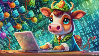 Wall Mural - OIL PAINTING STYLE CARTOON CHARACTER cute cow Inventor Works on a Complex Machine,