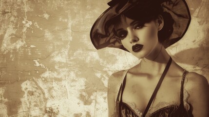 Wall Mural - A woman exudes mystery and sophistication in a black hat and dress against a vintage backdrop