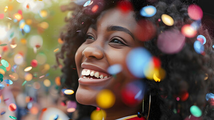 Sticker - Happy candid young smiling black african american female college graduate graduating university at graduation ceremony party with confetti  AI