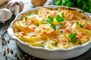 Wall Mural - Potato casserole with cream cheese parsley on a plate