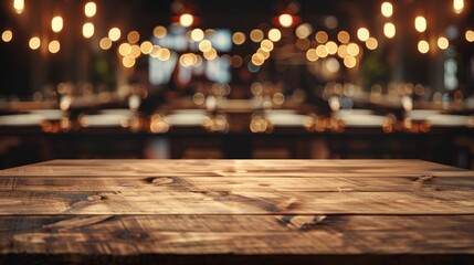 Sticker -  A wooden table top faces a restaurants's blurred backdrop, adorned with numerous lights suspended from the ceiling