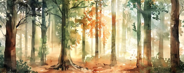 Craft a watercolor painting showcasing a low-angle perspective of a serene forest alive with musical energy Each tree trunk should echo a different instruments shape and texture
