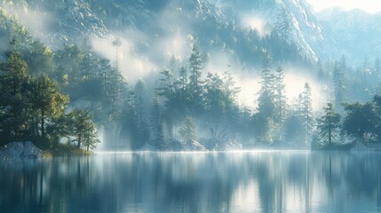 Wall Mural - A serene and peaceful scene of a lake surrounded by trees with a misty fog in the background