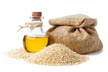 Wall Mural - Sesame seeds and oil in containers on white background viewed from above
