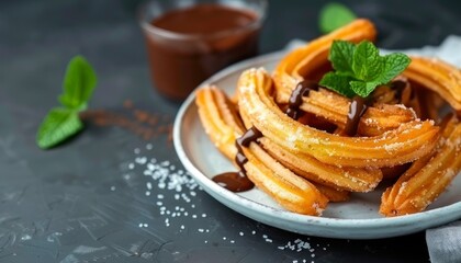 Spanish breakfast fried churros chocolate sauce mint