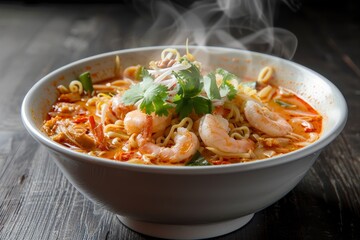 Wall Mural - Spicy and tasty Tom Yum Kung noodles in a white bowl on a wooden table on a black background