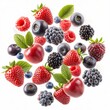 © NewFresh  - Fruits and berries isolated on white background. Ripe strawberries, blueberries, blackberries, raspberries and cherries.
