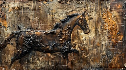 Wall Mural - Abstract painting with metal details, featuring textured backgrounds and animal themes, particularly horses.