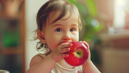 Wall Mural - Portrait image of 1-2 years old of baby. Happy child girl eating and biting an red apple. Enjoy eating moment. Healthy food and kid concept