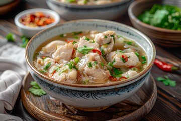 Poster - Taiwanese garlic chicken soup on dark wood table