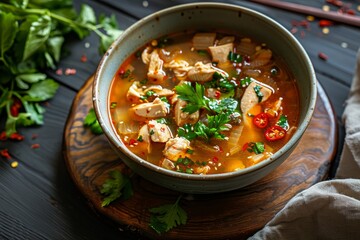 Poster - Taiwanese homemade sesame oil chicken soup on wooden table background