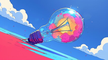 A vibrant illustration featuring a large lightbulb with colorful clouds inside it, set against a blue sky with fluffy clouds.