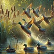 Flock of mallard ducks in flight with sunlit water droplets and cattails