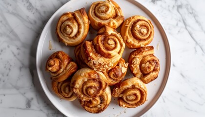 Canvas Print - Top view of cinnamon rolls on a white plate on a marble tabletop with window light