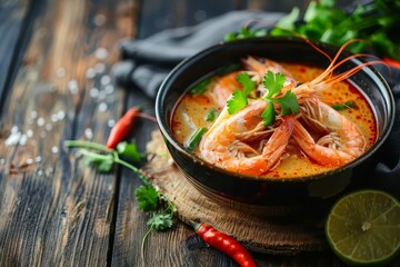 Sticker - Thai soup with prawns and rice noodles on table